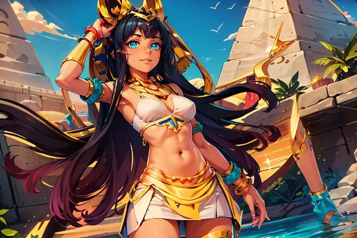 ((masterpiece,best quality)), absurdres, <lora:Ramesses_v1_Anime:0.8>, ramesses_ii,  dark skin, solo, smiling, jewelry, gold,
hip to the side, white miniskirt, contrapposto, dynamic pose,
pyramid, pool, oasis, gold,
looking at viewer, cowboy shot,
pyramid, 
<lora:Egyptian_Icons:0.7>, Egyptian_Icons, still life, gold, sparkle, golden outfit, iridescent gold, golden necklace, golden anklets, golden bracelets, golden belt, golden chain decoration,