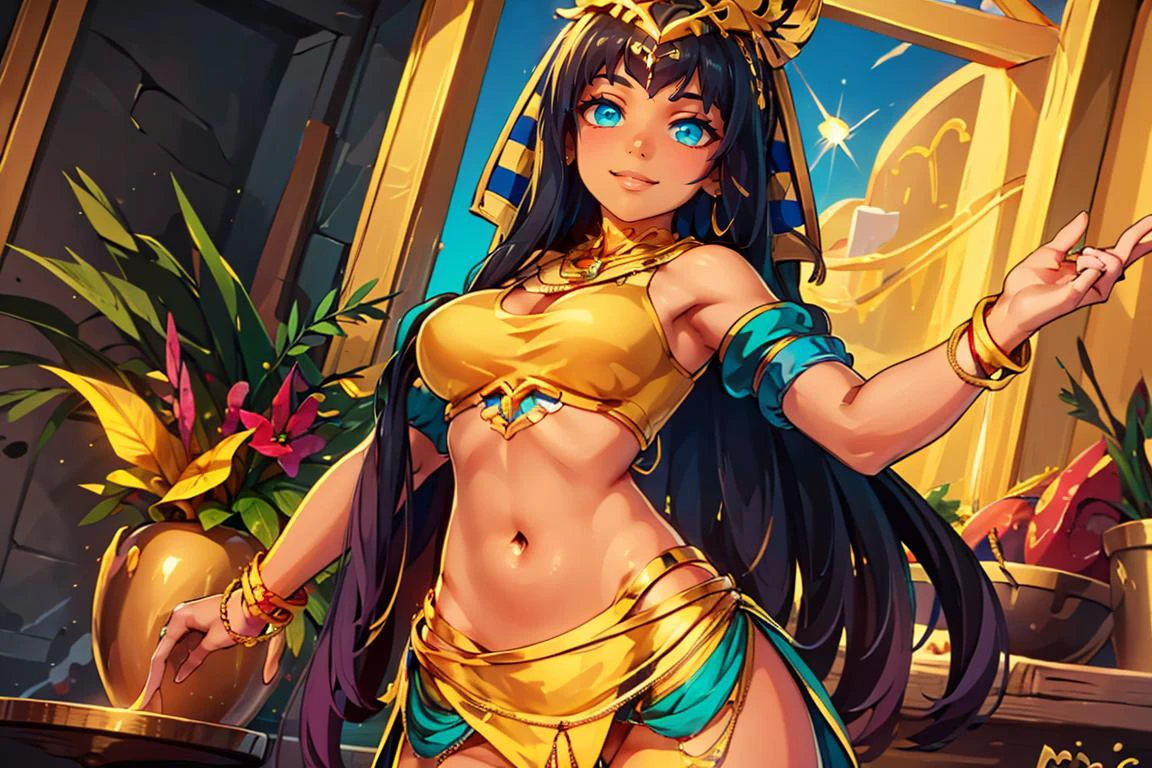 ((masterpiece,best quality)), absurdres, <lora:Ramesses_v1_Anime:0.8>, ramesses_ii, dark skin, solo, smiling, jewelry, gold,
contrapposto, dynamic pose,
looking at viewer, cowboy shot,
temple,
<lora:Egyptian_Icons:0.7>, Egyptian_Icons, still life, gold, sparkle, golden outfit, iridescent gold, golden necklace, golden anklets, golden bracelets, golden belt, golden chain decoration,