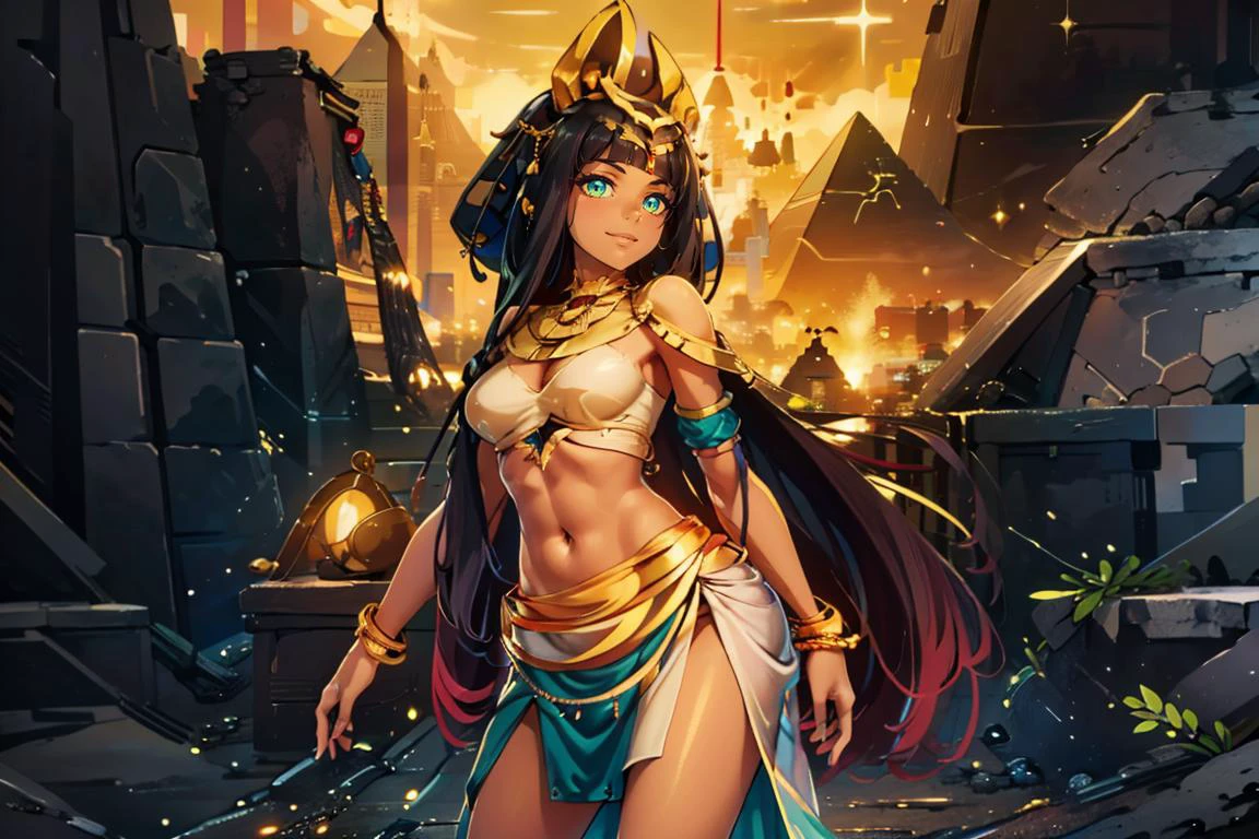 ((masterpiece,best quality)), absurdres, <lora:Ramesses_v1_Anime:0.8>, ramesses_ii, 1girl, solo, dark skin, solo, smiling, jewelry, gold, priestess, long skirt,
contrapposto, dynamic pose,
looking at viewer, cowboy shot,
(pyramid, outside, science fiction, futuristic, city background:1.1),
<lora:Egyptian_Icons:0.5>, Egyptian_Icons, still life, gold, sparkle, golden outfit, iridescent gold, golden necklace, golden anklets, golden bracelets, golden belt, golden chain decoration,
<lora:Necron_Architecture:0.7>, Necron_Architecture, obelisk,