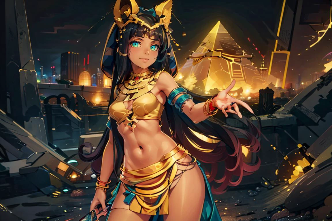 ((masterpiece,best quality)), absurdres, <lora:Ramesses_v1_Anime:0.8>, ramesses_ii, 1girl, solo, dark skin, solo, smiling, jewelry, gold, priestess, long skirt,
contrapposto, dynamic pose,
looking at viewer, cowboy shot,
(pyramid, outside, science fiction, futuristic, city background:1.1),
<lora:Egyptian_Icons:0.5>, Egyptian_Icons, still life, gold, sparkle, golden outfit, iridescent gold, golden necklace, golden anklets, golden bracelets, golden belt, golden chain decoration,
<lora:Necron_Architecture:0.7>, Necron_Architecture, obelisk,
