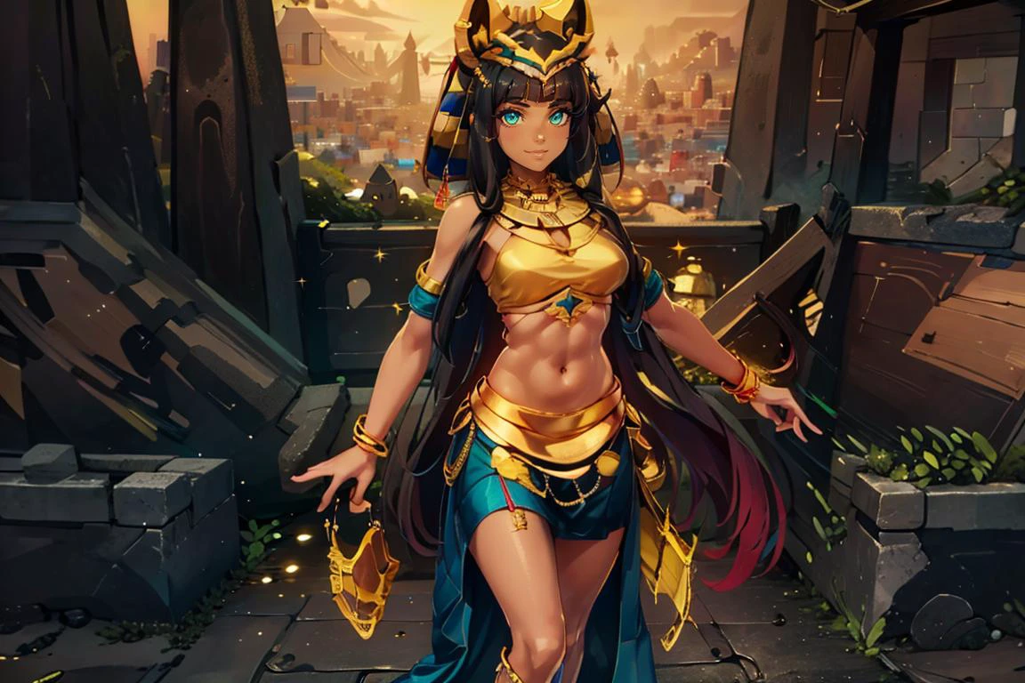 ((masterpiece,best quality)), absurdres, <lora:Ramesses_v1_Anime:0.8>, ramesses_ii, 1girl, solo, dark skin, solo, smiling, jewelry, gold, priestess, long skirt,
contrapposto, dynamic pose,
looking at viewer, cowboy shot,
(pyramid, outside, science fiction, futuristic, city background:1.1),
<lora:Egyptian_Icons:0.5>, Egyptian_Icons, still life, gold, sparkle, golden outfit, iridescent gold, golden necklace, golden anklets, golden bracelets, golden belt, golden chain decoration,
<lora:Necron_Architecture:0.7>, Necron_Architecture, obelisk,