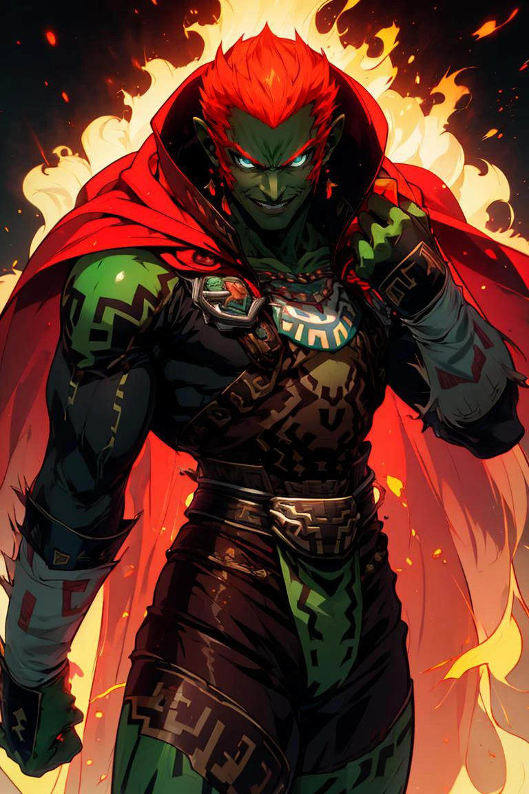 ((masterpiece,best quality)), absurdres,
<lora:OoT_Ganondorf_Zelda_Anime:0.8>, OoT_Ganondorf_Zelda, solo, (green skin), cape,
solo, smiling, looking at viewer, cowboy shot,
<lora:r1ge - AnimeRage:0.8>, r1ge, glowing, red aura,
