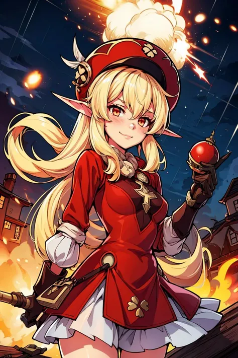 1girl, solo, evil smile, dynamic pose, holding a bomb, it's raining bombs, red round bombs, explosions, <lora:Adult_Klee_Genshin:0.7>, Adult_Klee_Genshin, pointy ears, red hat, blonde, outdoors, medieval town, <lora:add_detail:0.7>,