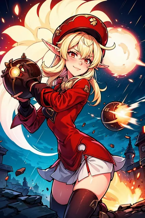 1girl, solo, evil smile, dynamic pose, holding a bomb, it's raining bombs, red round bombs, explosions, <lora:Adult_Klee_Genshin:0.7>, Adult_Klee_Genshin, pointy ears, red hat, blonde, outdoors, medieval town, <lora:add_detail:0.7>,