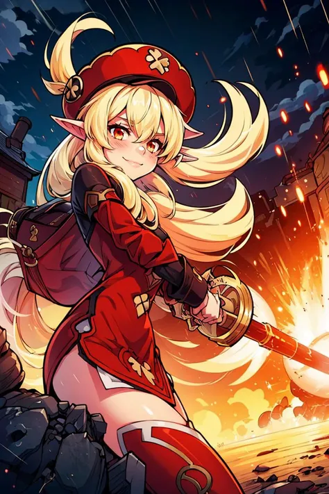 1girl, solo, evil smile, dynamic pose, holding a bomb, it's raining bombs, red round bombs, explosions, <lora:Adult_Klee_Genshin:0.7>, Adult_Klee_Genshin, pointy ears, red hat, blonde, outdoors, medieval town, <lora:add_detail:0.7>,