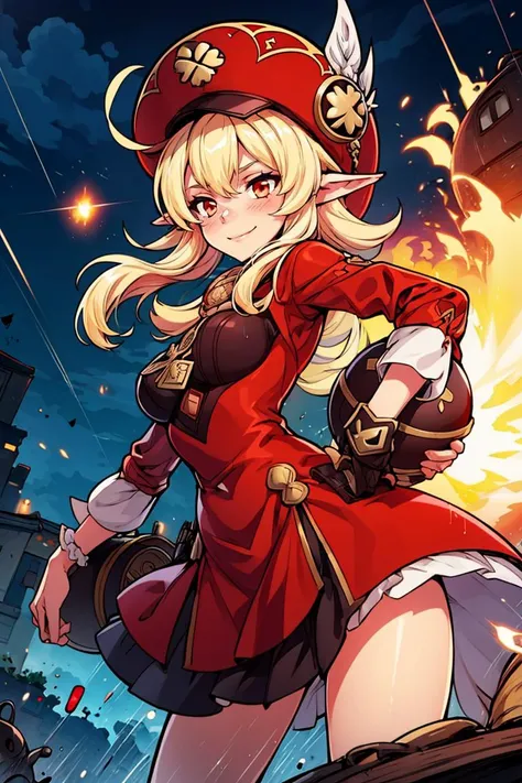 1girl, solo, evil smile, dynamic pose, holding a bomb, it's raining bombs, red round bombs, explosions, <lora:Adult_Klee_Genshin:0.7>, Adult_Klee_Genshin, pointy ears, red hat, blonde, outdoors, medieval town, <lora:add_detail:0.7>,