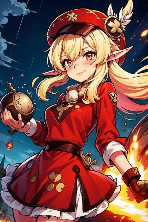 1girl, solo, evil smile, dynamic pose, holding a bomb, it's raining bombs, red round bombs, explosions, <lora:Adult_Klee_Genshin:0.7>, Adult_Klee_Genshin, pointy ears, red hat, blonde, outdoors, medieval town, <lora:add_detail:0.7>,