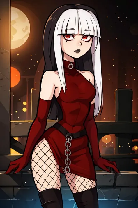 centered, professional photo, (looking at viewer:1.2),   Crimson_Total_Drama, goth, blunt bangs, long hair, red eyes, makeup, fishnets, black knee boots, red dress, elbow gloves, two_tone_hair, white hair, black hair,,  bokeh, depth of field, cinematic composition,  <lora:Crimson_Total_Drama:0.8>