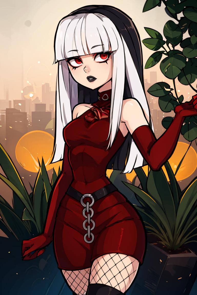 A cartoon picture of a woman in a red dress and black gloves - SeaArt AI