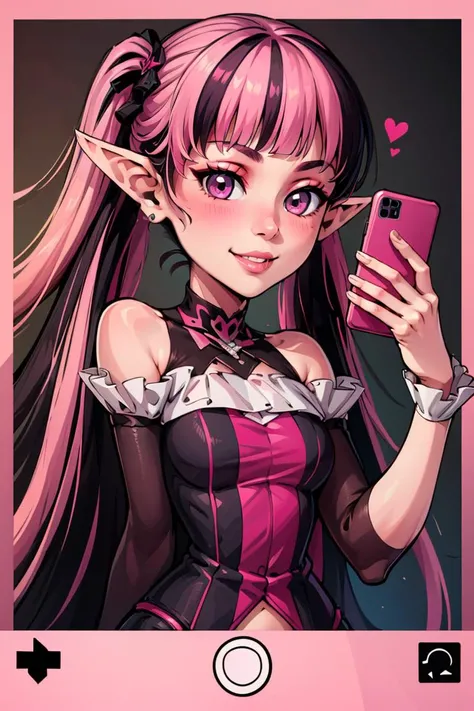 ((masterpiece,best quality)), absurdres,
<lora:Draculaura_Anime:0.8>, Draculaura_MH, black hair, pink hair, multicolored hair, pointy ears,
pink top, upper body, extremely detailed face, smile, blushing, selfie, holding phone, <lora:add_detail:0.5>,