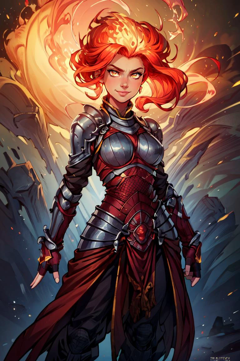 ((masterpiece,best quality)), absurdres, <lora:Fiery_Hair:0.8>, Fiery_Hair, fiery hair, glowing, 1girl, solo, smiling, looking at viewer, cowboy shot, shiny metal, full body armor, breastplate, fingerless gloves, shoulder armor, gauntlets,
<lora:add_detail:0.5>,