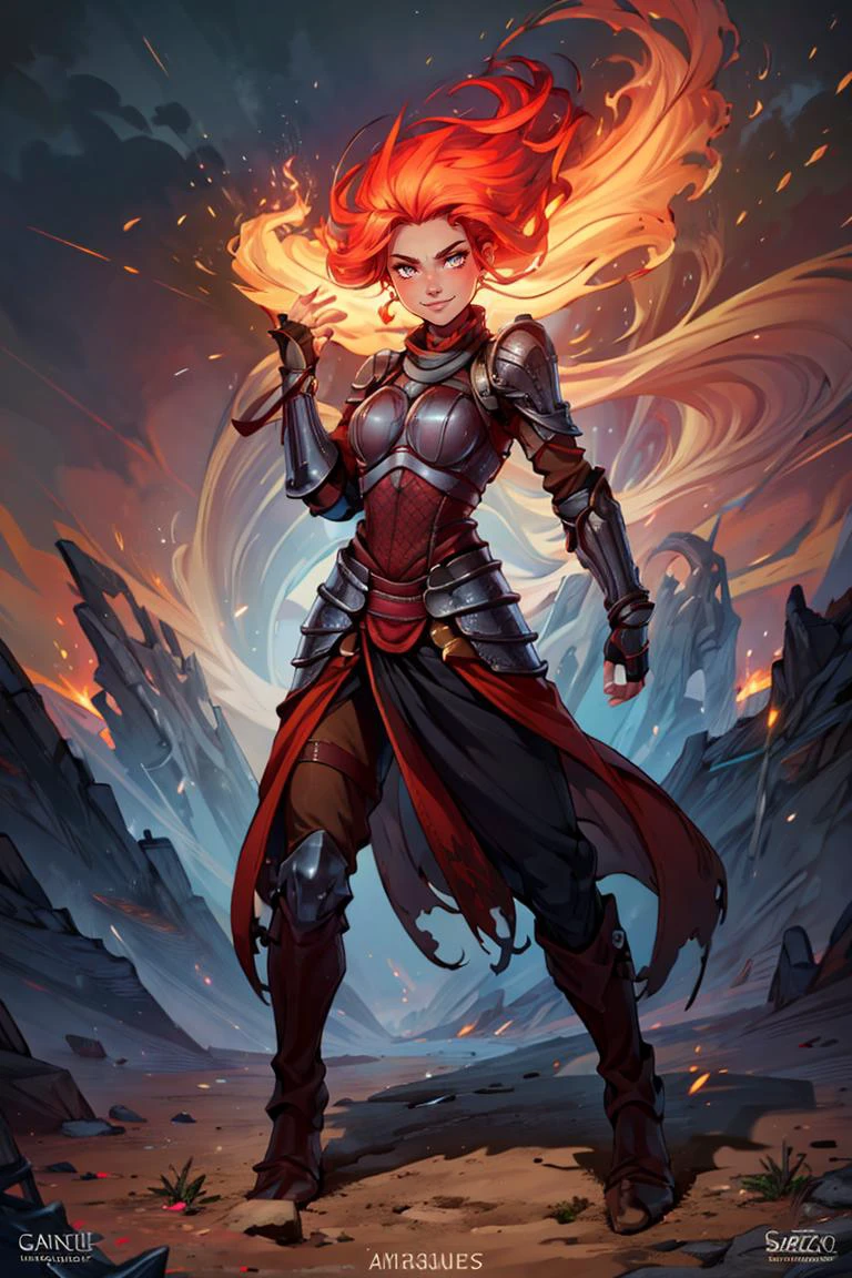 ((masterpiece,best quality)), absurdres, <lora:Fiery_Hair:0.8>, Fiery_Hair, fiery hair, glowing, 1girl, solo, smiling, looking at viewer, cowboy shot, shiny metal, full body armor, breastplate, fingerless gloves, shoulder armor, gauntlets,
<lora:add_detail:0.5>,