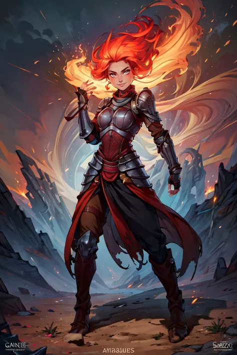 ((masterpiece,best quality)), absurdres, <lora:Fiery_Hair:0.8>, Fiery_Hair, fiery hair, glowing,  1girl,  solo, smiling, looking at viewer, cowboy shot,  shiny metal, full body armor, breastplate, fingerless gloves, shoulder armor, gauntlets,
<lora:add_detail:0.5>,