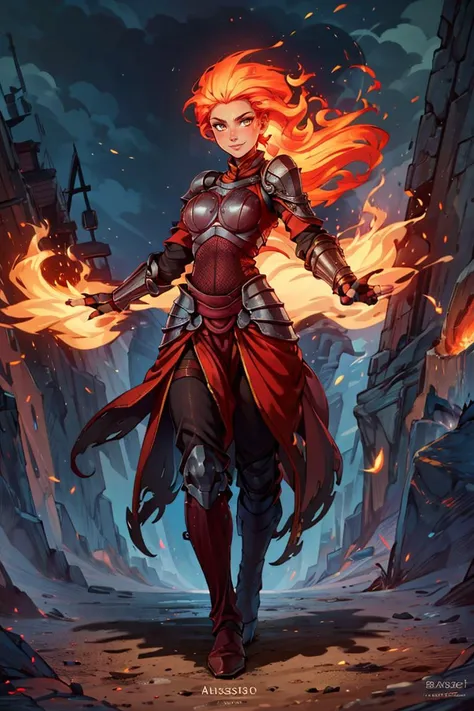 ((masterpiece,best quality)), absurdres, <lora:Fiery_Hair:0.8>, Fiery_Hair, fiery hair, glowing,  1girl,  solo, smiling, looking at viewer, cowboy shot,  shiny metal, full body armor, breastplate, fingerless gloves, shoulder armor, gauntlets,
<lora:add_detail:0.5>,