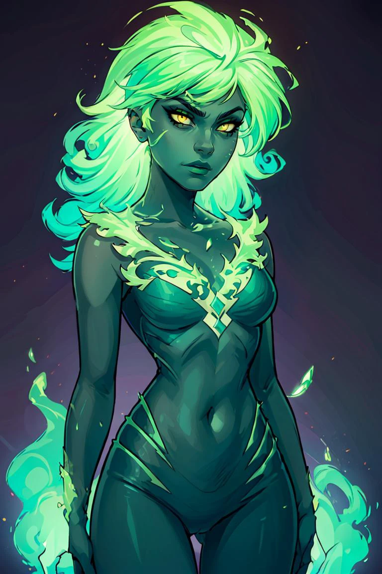 ((masterpiece,best quality)), absurdres, <lora:Fiery_Hair:0.8>, Fiery_Hair, 1girl, long hair, navel, green eyes, yellow eyes, green hair, makeup, colored skin, transparent background, monster girl, green skin, green lips, cowboy shot,
<lora:add_detail:0.5>,