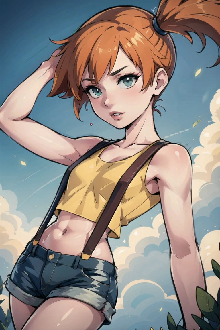 ((masterpiece,best quality)),absurdres,<lora:Misty_Pokemon_v2_Anime:0.7>, misty_pokemon,orange hair,side ponytail,suspenders,sleeveless,shorts,shirt,crop top,midriff,yellow shirt,collarbone,