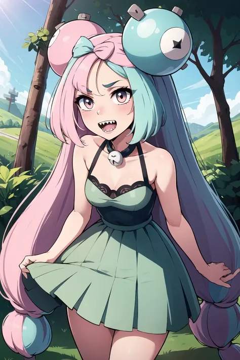 ((masterpiece,best quality)),absurdres,<lora:pokemon iono-lora-nochekaiser:0.7>, pokemon iono,multicolored hair,long hair,character hair ornament,sharp teeth,pink hair,Cream lace camisole, forest green pleated midi skirt