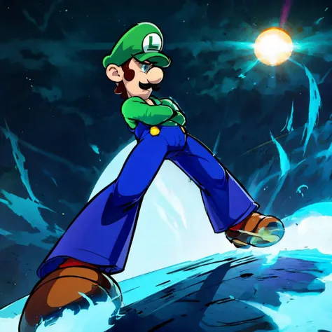 masterpiece, best quality,   <lora:WideStanceMeme:1> green aura IncrsWideStanceMeme  Luigi, solo, from below, foreshortening, perspective, crossed arms, white gloves, <lora:Luigi:.85>Ki Charge, mustache, overalls, green shirt, sky, cloud, sun, super star <lora:DBKiCharge:0.6> aura, fighting stance, blue eyes, disgust, <lora:add_detail:0.2>