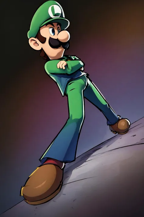 masterpiece, best quality, <lora:WideStanceMeme:1> IncrsWideStanceMeme, from below, foreshortening, perspective, crossed arms <lora:Luigi:.9> Luigi, mustache,
