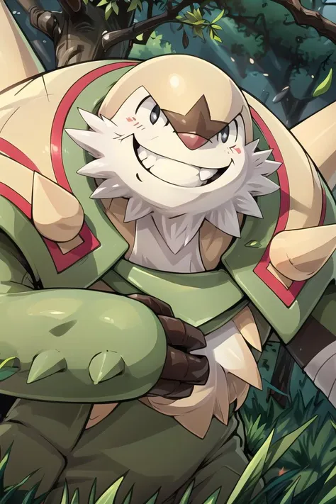 ((masterpiece,best quality)), absurdres,
<lora:Chesnaught_doomguy11111:0.8>, chesnaught, claws, stand, grass, forest, daytime, sunny,
upper body, grin, portrait,