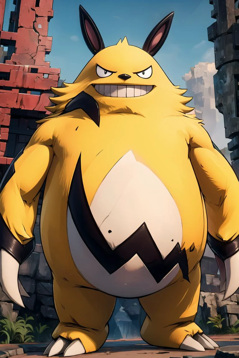 ((masterpiece,best quality)), absurdres,
<lora:Grizzbolt_doomguy11111:0.8>, grizzbolt_palworld,
(muscular:1.1), standing, fur, looking at viewer, evil grin, outdoor,