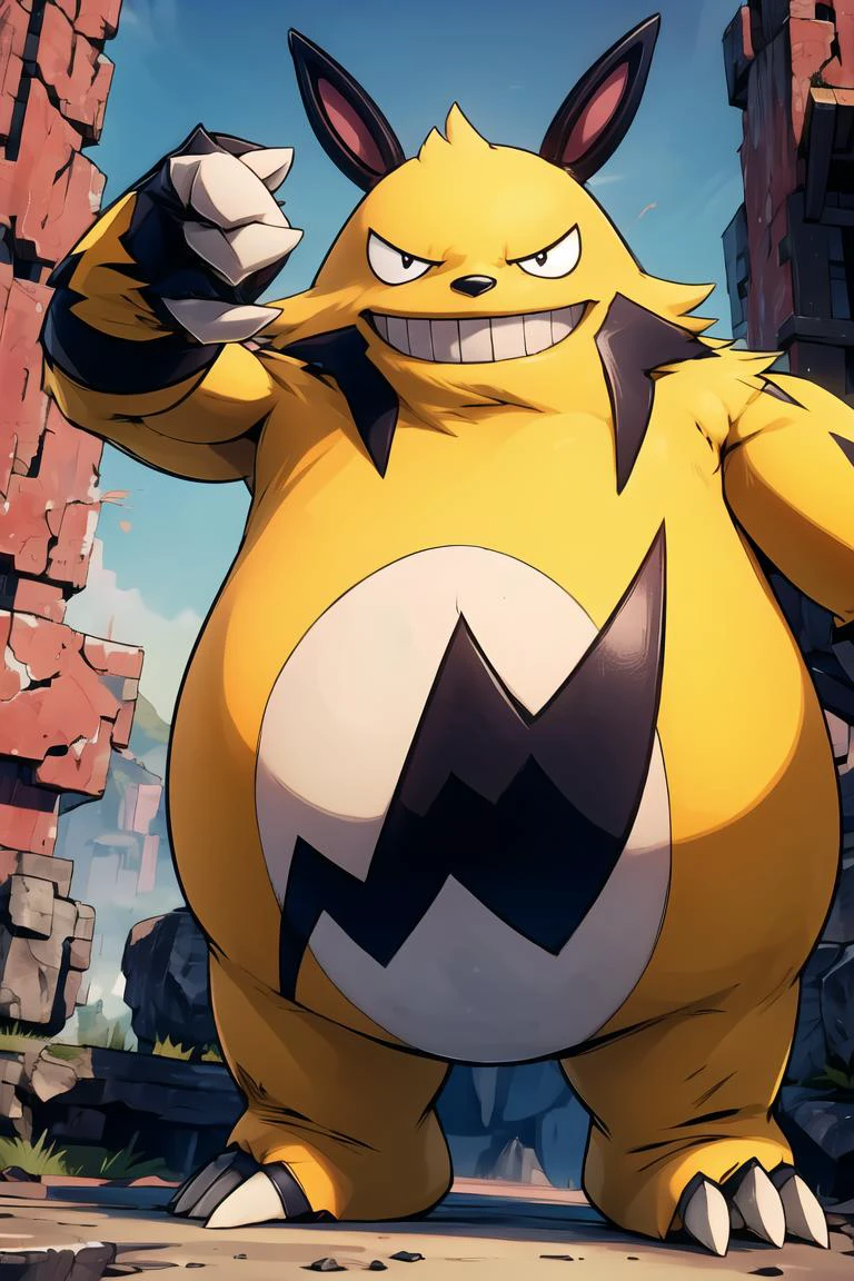((masterpiece,best quality)), absurdres,
<lora:Grizzbolt_doomguy11111:0.8>, grizzbolt_palworld, dynamic pose, pointing claw,
(muscular:1.1), standing, fur, looking at viewer, evil grin, outdoor,