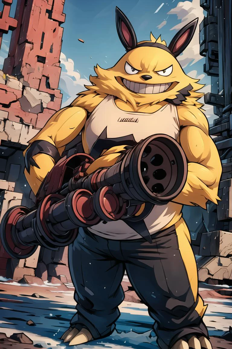 ((masterpiece,best quality)), absurdres, holding gatling gun,
<lora:Grizzbolt_doomguy11111:0.8>, grizzbolt_palworld, dynamic pose,
(muscular:1.1), standing, fur, looking at viewer, evil grin, outdoor,
black headband, holding gatling gun, black long pants, black tank top,
