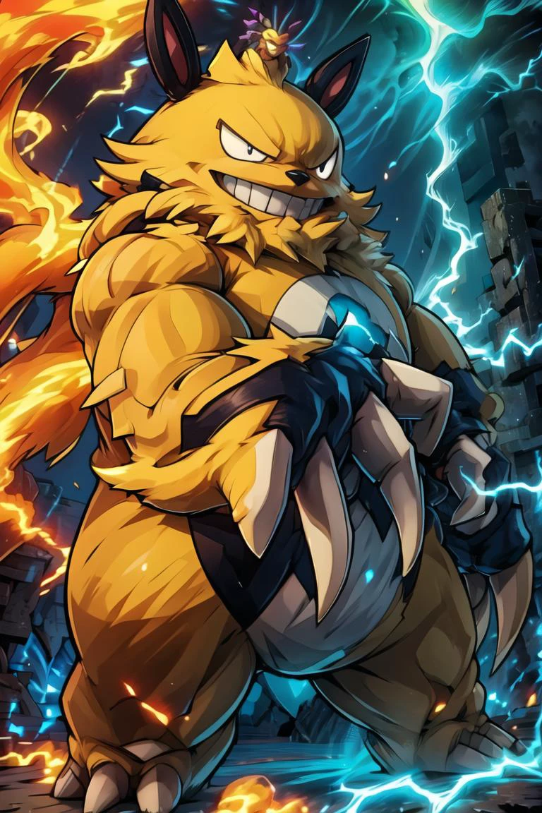 ((masterpiece,best quality)), absurdres,
<lora:Grizzbolt_doomguy11111:0.8>, grizzbolt_palworld, dynamic pose, big claws,
(muscular:1.1), standing, fur, looking at viewer, evil grin, outdoor,
<lora:Aura_v1:0.6>, Aura, energy, glowing, electricity,