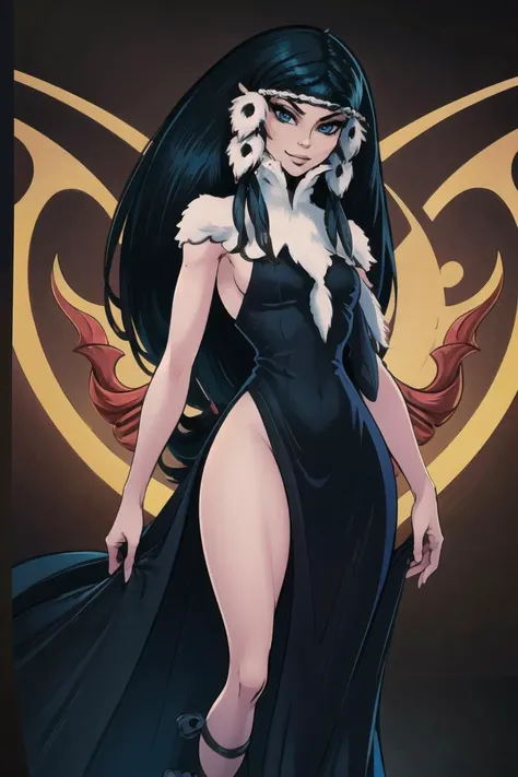 ((masterpiece,best quality)), absurdres,
<lora:Elfquest_Winnowill_38:0.7>, winnowill, (black hair:1),
black dress, side slit, sideboob, lace up shoes,
solo, smile, looking at viewer, cowboy shot,
<lora:Shemira_AFK_v2:0.3>, magic, thighs, long dress, smug,