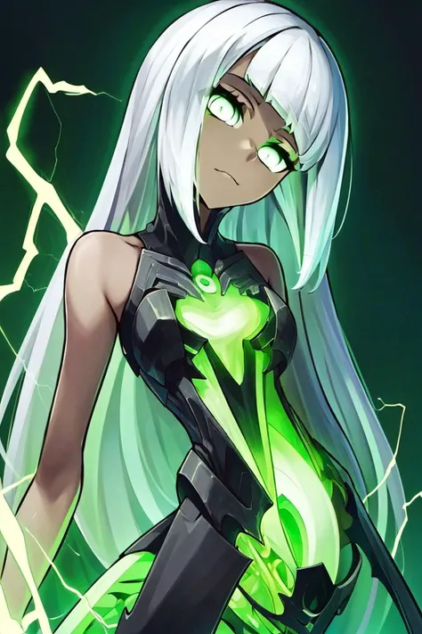 ((masterpiece, best quality)), absurdres,
<lora:Isabella_AFK:0.8> Isabella_AFK, long hair, silver hair, grey skin, green eyes, glowing eyes, head tilt, small breasts,
green theme,
<lora:Necron_Architecture:0.7>, electricity, green glow,