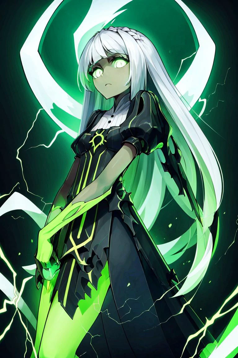 ((masterpiece, best quality)), absurdres,
<lora:Isabella_AFK:0.8> Isabella_AFK, long hair, silver hair, grey skin, green eyes, glowing eyes, head tilt, small breasts,
green theme,
<lora:Necron_Architecture:0.7>, electricity, green glow,