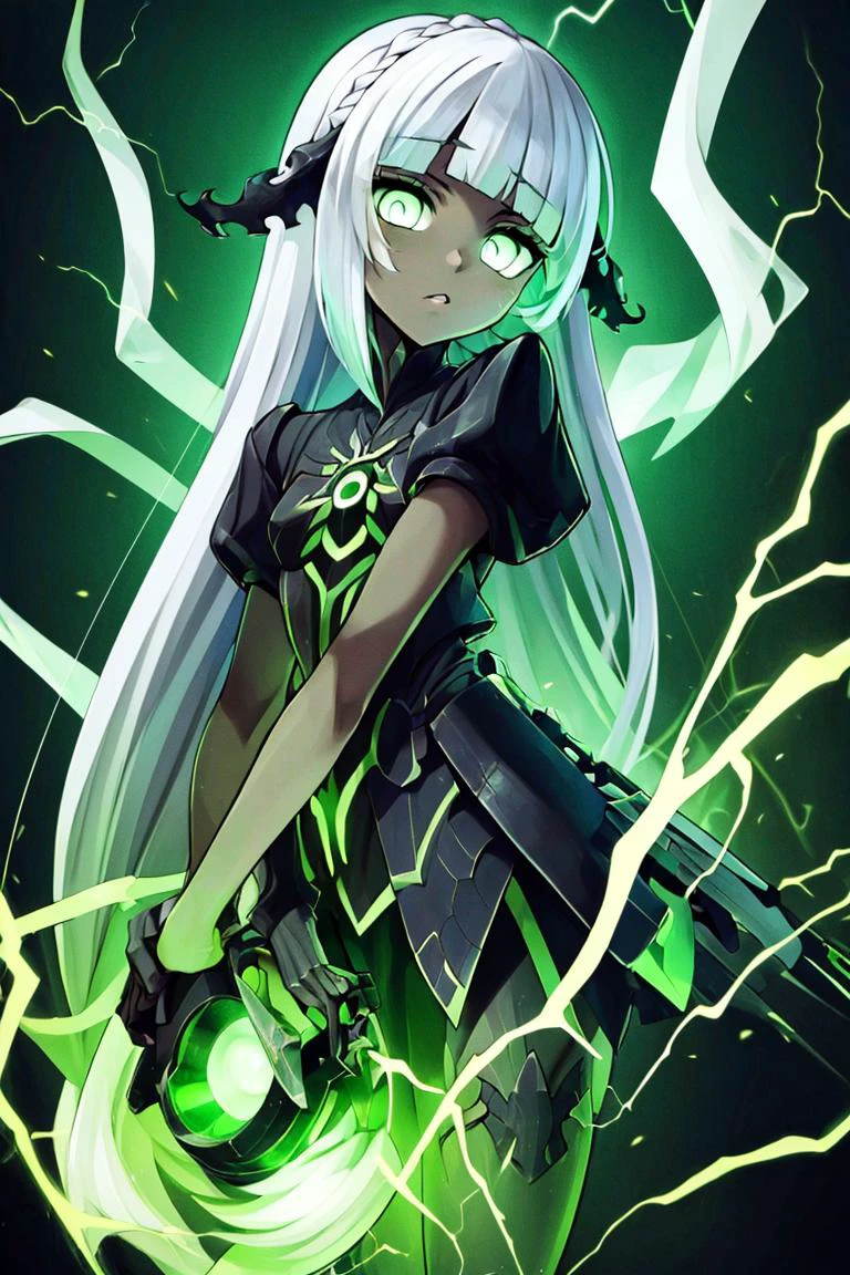 ((masterpiece, best quality)), absurdres,
<lora:Isabella_AFK:0.8> Isabella_AFK, long hair, silver hair, grey skin, green eyes, glowing eyes, head tilt, small breasts,
green theme,
<lora:Necron_Architecture:0.7>, electricity, green glow,