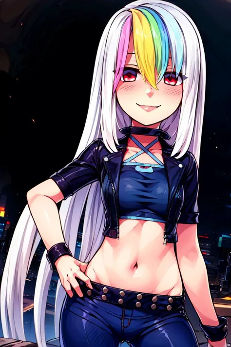 ((masterpiece,best quality)),
hand on hip, hip to the side, upper body, smug, smirk, <lora:Roxy_Citron_OC_AnyLora:0.8>, Roxy_Citron_OC, 1girl, solo, red eyes, white hair, rainbow hair, long hair, streaked hair, hair between eyes, smile, leather jacket, leather pants, black jacket, tight pants, black choker, zipper, biker clothes, midriff, detailed background, detailed face, detailed eyes, <lora:more_details:0.5>,, white crop top,,
solo, smiling, looking at viewer, cowboy shot,