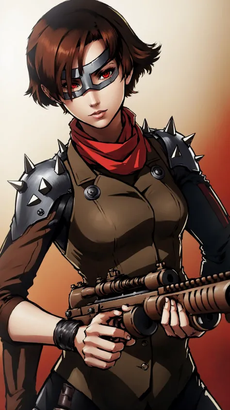 <lora:Tommy_Gun:0.8> thompson submachine gun, tommy gun, drum magazine, aiming, firing, <lora:Queen, Makoto Niijima - Persona 5:0.8> dsqueen, brown hair, short hair, crown braid, red eyes, iron domino mask, bodysuit, shoulder spikes, scarf, white gloves