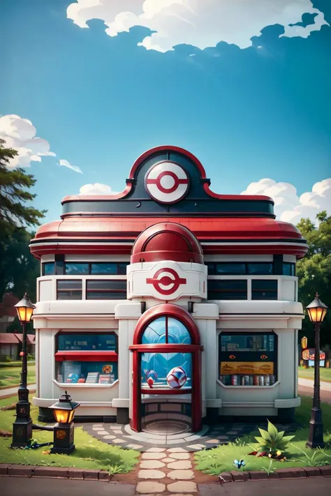 ((masterpiece,best quality)), absurdres,
<lora:Pokemon_Center:0.8>, Pokemon_Center,
sky, day, english text, tree, no humans, grass, plant, poke ball, sign, poke ball (basic), road, lamp, lamppost, shop, vending machine, poke ball theme,, <lora:more_details:0.5>