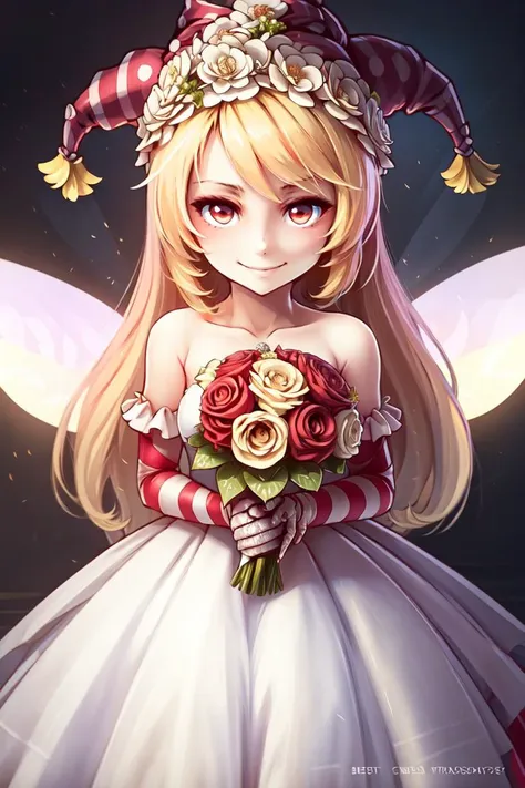 ((masterpiece, best quality)), anime style, <lora:more_details:0.5>, <lora:Clownpiece_Touhou:0.8>, Clownpiece_Touhou,  1girl, blonde hair, clownpiece, long hair, solo, hat, jester cap, fairy wings, wings,  solo, smiling, looking at viewer,,   bride, wedding dress, bridal veil, strapless dress, elbow gloves,  holding bouquet,