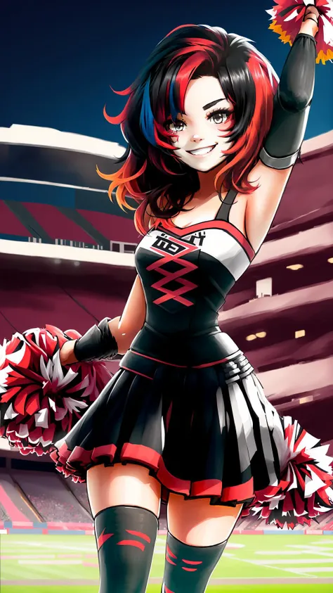 <lora:CheerleaderCL:0.8> CheerleaderCL, pom pom (cheerleading), holding pom poms, stadium, stadium lights, grass, footbal field, cheering, smile, <lora:rwby_rose_mistral:1> mistralrose, 1girl, black hair, red streaked hair, thighhighs