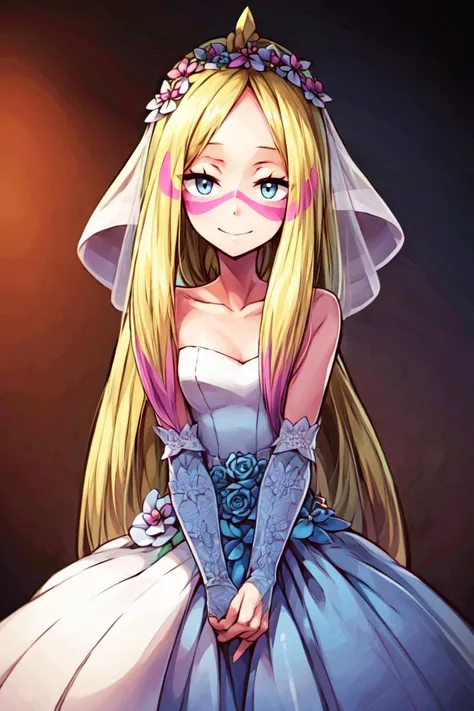 ((masterpiece, best quality)), anime style, <lora:more_details:0.5>, <lora:Mina_Pokemon_v2:0.8>, mina (pokemon), long hair, eyelashes, half-closed eyes, facepaint, solo, smile, looking at viewer, cowboy shot,, bride, wedding dress, bridal veil, strapless dress, elbow gloves,