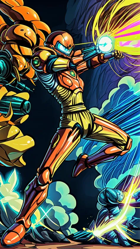 <lora:Samus_Varia_Suit:0.8> samus aran, varia suit, arm cannon, (orange armor:1.2), blue armor, helmet, BREAK, aiming, aiming at viewer, action, moving, BREAK, <lora:yomama_kamehameha_beam_v2-10:0.8> yomama_beam, kamehameha \(dragon ball\), energy beam,
