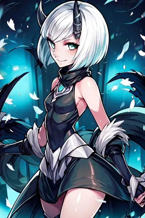 ((masterpiece,best quality)),
<lora:Silvina_AFK:0.8>, Silvina_AFK, white hair, short hair, horns, black dress, solo, green eyes, grey skin, knee boots, looking at viewer, cowboy shot,
solo, smile, looking at viewer, cowboy shot,