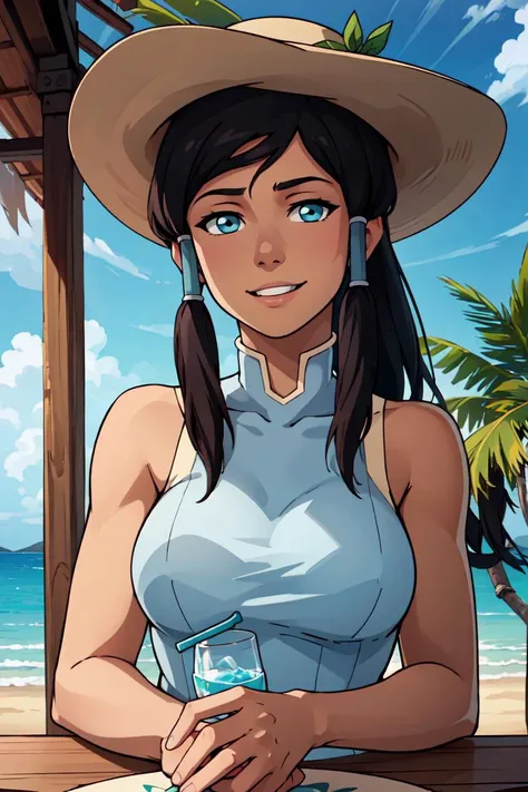 ((masterpiece,best quality)), absurdres, <lora:Korra_v3:0.7>, korra, long hair, black hair,  solo, smiling, looking at viewer, cowboy shot,sitting at table, vivid detailed tropical drink, two straws, white sundress, sun hat, flowing winds, sunny, outdoors, upper body,