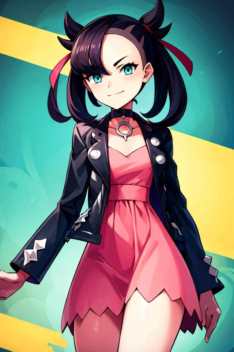 ((masterpiece,best quality)), absurdres, <lora:marnie_v1:0.7>, hmmarnie, aqua eyes, black choker, red ribbon, pink dress, jewelry, black jacket, open clothes, long sleeves, solo, smiling, looking at viewer, cowboy shot, ,