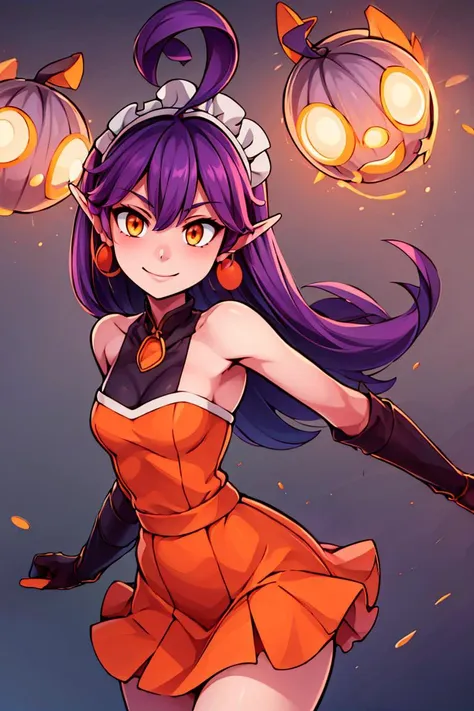 ((masterpiece,best quality)), absurdres, <lora:Stardust_Pumpkins_Citron_OC_Anime:0.8>, Stardust_Pumpkins_Citron_OC,  1girl, solo, long purple hair,  orange eyes, ahoge, pointy ears, orange dress, elbow gloves, bare shoulders, maid headdress, jewelry, earrings,  solo, smiling, looking at viewer, cowboy shot,   , ,