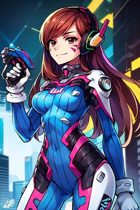 ((masterpiece,best quality)), aahana, long hair, brown hair, headphones, whisker markings, shoulder pads, blue bodysuit, ribbed bodysuit, animal print, clothes writing, long sleeves, white gloves, <lora:d.va_v1:0.8>, cowboy shot, standing, holding weapon, handgun, smile, cyberpunk,