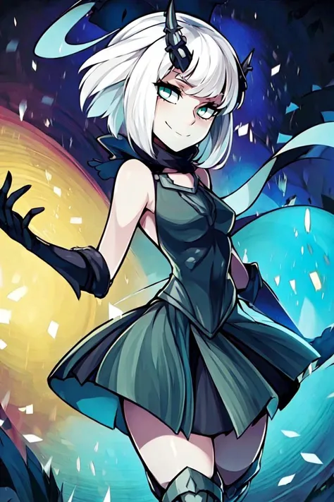 ((masterpiece,best quality)),
<lora:Silvina_AFK:0.8>, Silvina_AFK, white hair, short hair, horns, black dress, solo, green eyes, (grey skin:1.2), knee boots, looking at viewer, cowboy shot,
solo, smile, looking at viewer, cowboy shot,