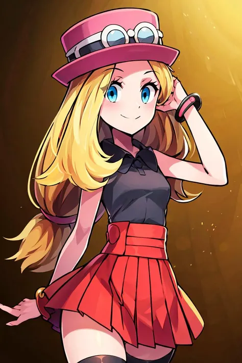 ((masterpiece,best quality)), absurdres,  <lora:serena_v1:0.7>,  serena \(pokemon\), 1girl, long hair, blue eyes,  thighhighs, long hair, hat, jewelry, bracelet, black thighhighs, collared shirt, pleated skirt, red skirt, sleeveless, high-waist skirt, sleeveless shirt, eyelashes, pink headwear, black shirt, eyewear on headwear, solo, smiling, looking at viewer, cowboy shot,  ,