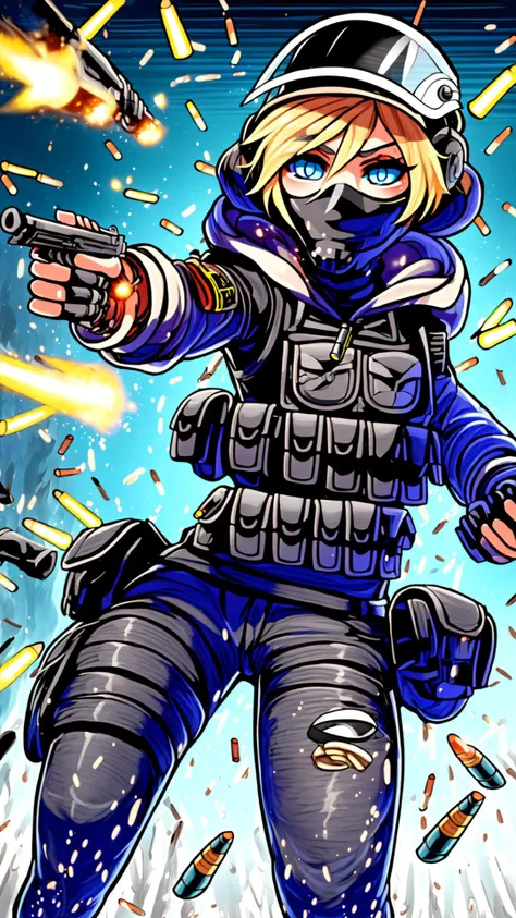 <lora:iqr6-guy-v2:0.8> iqr6, (black mask:1.25), 1girl, blonde hair, short hair, blue eyes, helmet, face shield, vest, relaxing, bulletproof vest, gloves, hoodie, long sleeves, jeans, holster, headphones, fingerless gloves, bracelet, german flag, germany, BREAK,  <lora:avoidGun:0.5> (((firing,bullet,gun,light particles))),