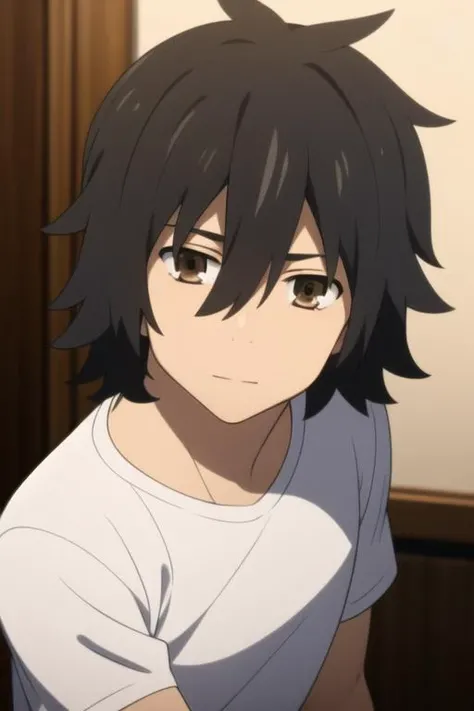 masterpiece, best quality, high quality, 1boy, solo, male focus, looking at viewer, upper body, <lora:yadomi_jinta:0.78>, yadomi_jinta, black hair, brown eyes, hair between eyes,
