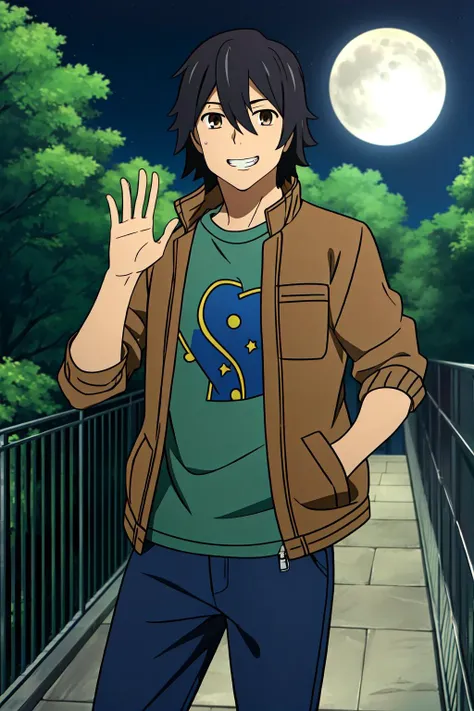 masterpiece, best quality, yadomi_jinta, 1boy, solo, upper body, straight-on, standing, black hair, brown eyes, hair between eyes, grin, (brown jacket, open jacket), t-shirt, blue pants, hand in pocket, hand up, waving, park, tree, night sky, walkway,