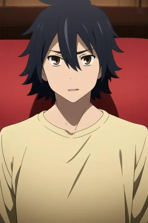 masterpiece, best quality, high quality, 1boy, solo, male focus, looking at viewer, upper body, <lora:yadomi_jinta:0.74>, yadomi_jinta, black hair, brown eyes, hair between eyes, <lora:animemix_v3_offset:0.65>